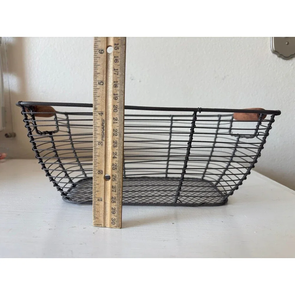 Farmhouse Wire Basket with wood handles, rustic style, decor